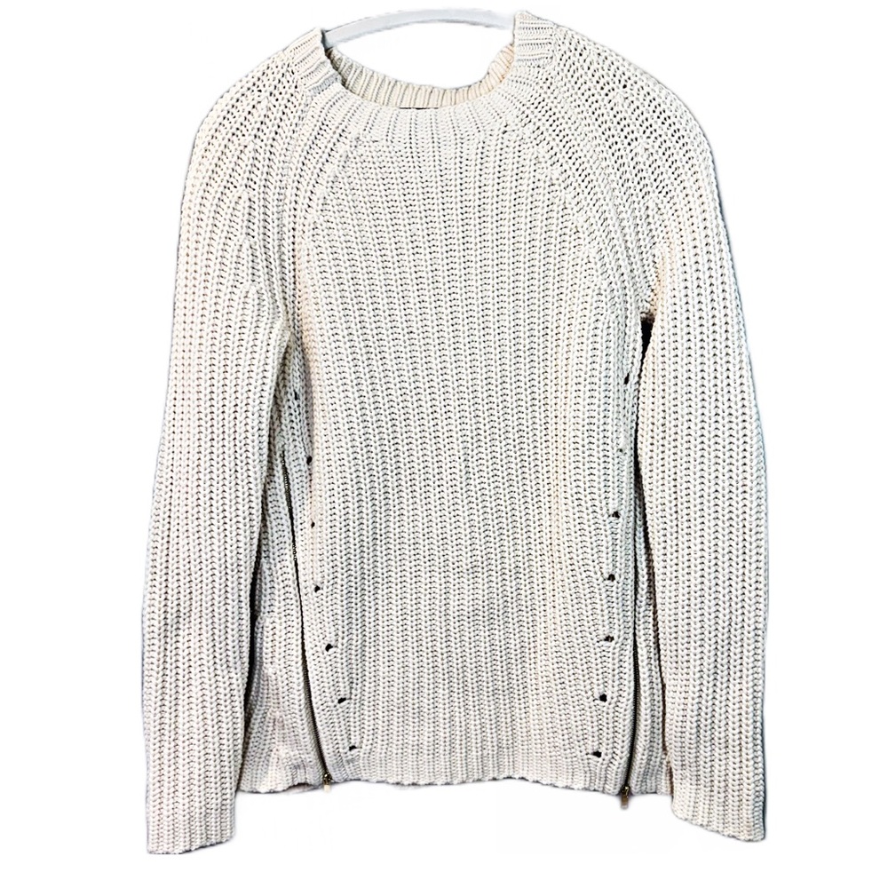 Aqua Thick Knit Long Sleeve Crew Neck Pullover Sweater Ivory Zipper Detail Sz S